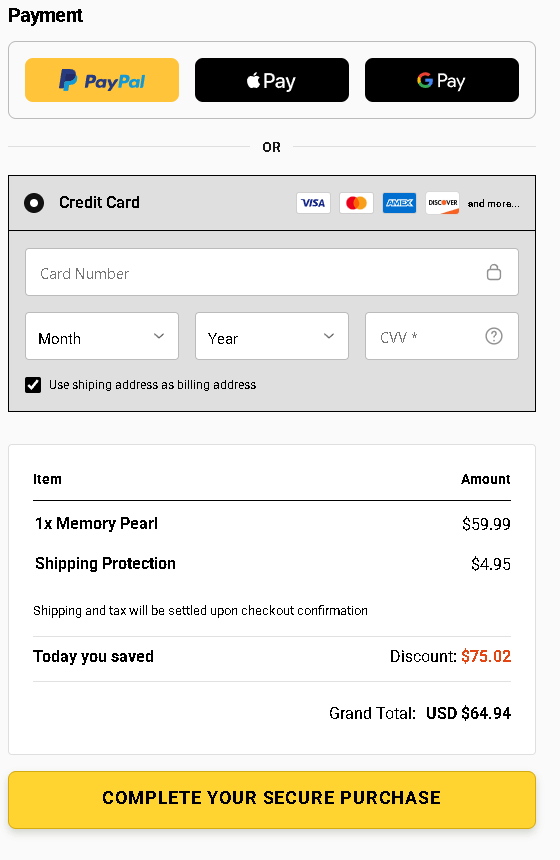 Memory Pearl Checkout Page 